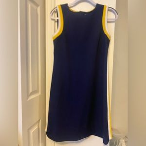 Vince Camuto sleeveless navy blue dress with gold and white stripe. very chic.